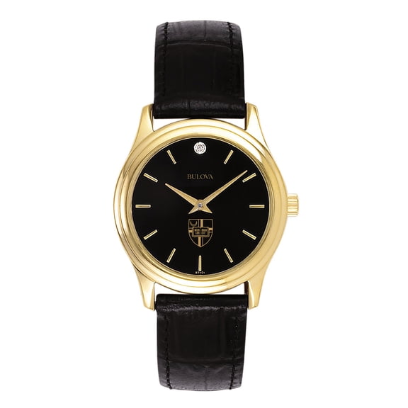 Women's Bulova Gold Catholic University Cardinals Leather Strap Watch with Diamond Black Dial