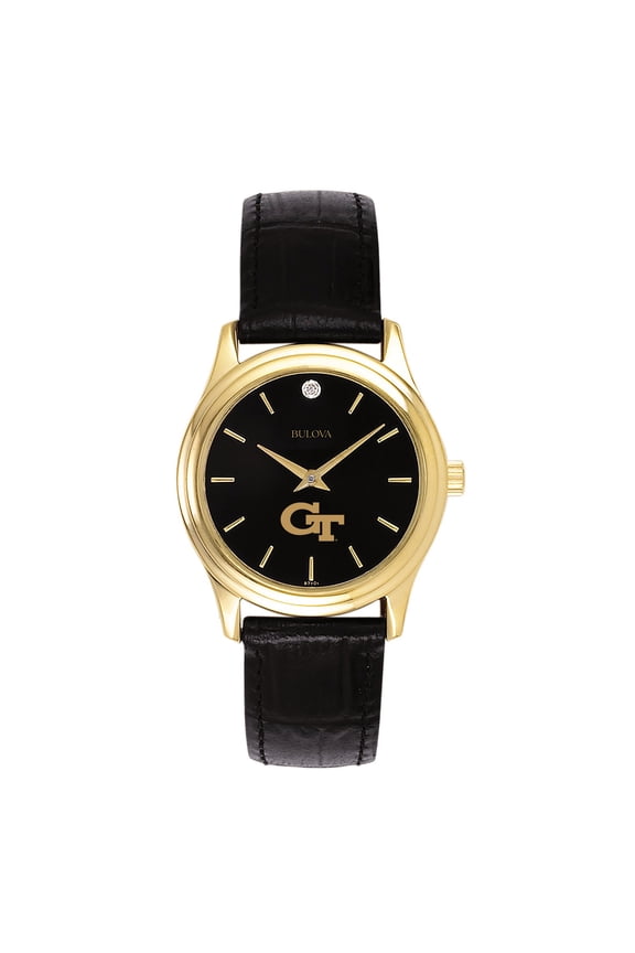 Women's Bulova Gold Georgia Tech Yellow Jackets Leather Strap Watch with Diamond Black Dial