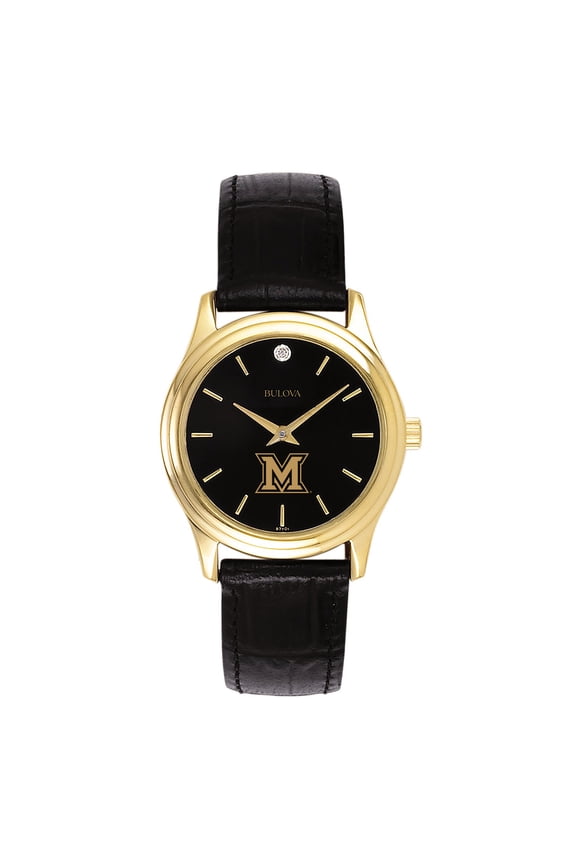Women's Bulova Gold Miami University RedHawks Leather Strap Watch with Diamond Black Dial
