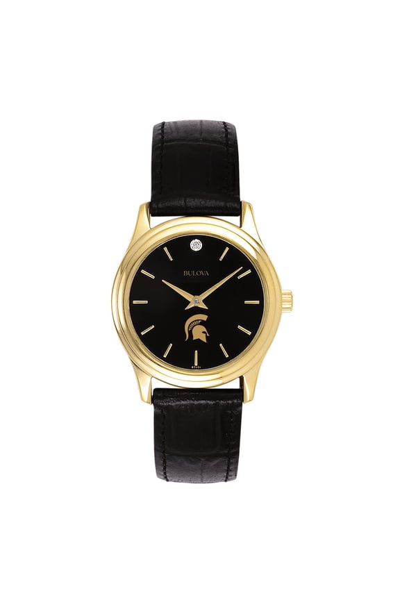 Women's Bulova Gold Michigan State Spartans Leather Strap Watch with Diamond Black Dial