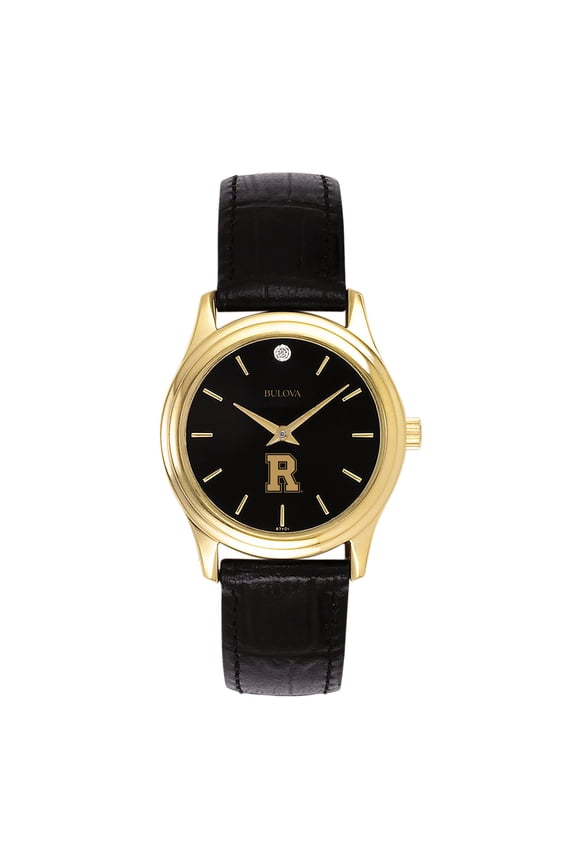 Women's Bulova Gold Rochester Yellow Jackets Leather Strap Watch with Diamond Black Dial