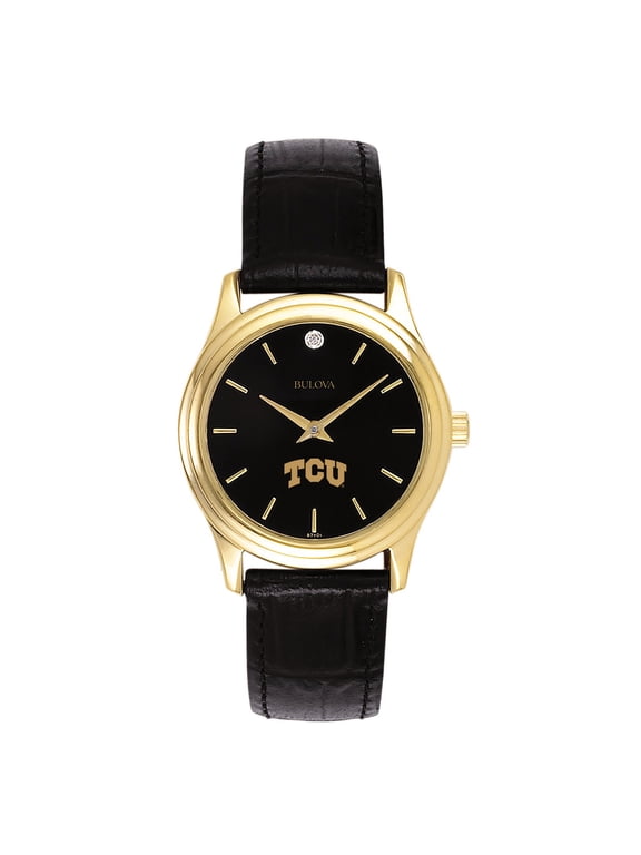 Women's Bulova Gold TCU Horned Frogs Leather Strap Watch with Diamond Black Dial