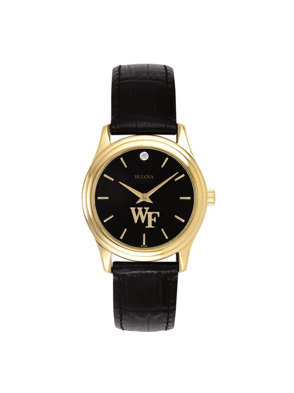 Women's Bulova Gold Wake Forest Demon Deacons Leather Strap Watch with Diamond Black Dial