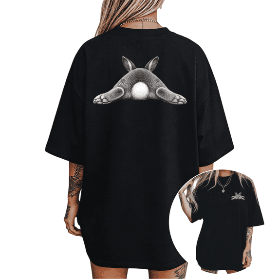 Women's "Bunny Butt" Cute Rabbit Graphic Comfortable T Shirt Funny Cottagecore Short Sleeve Round Neck Top Black S-5XL