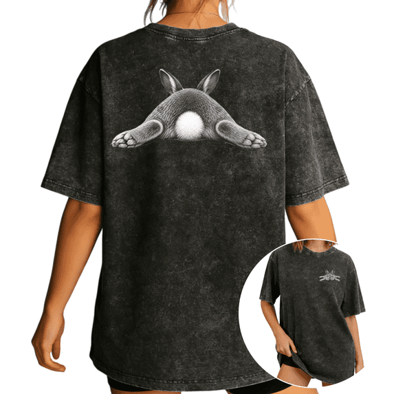 Women's "Bunny Butt" Fluffy Rabbit Tail Graphic Comfortable Washed T Shirt Cute Bunny Vintage Black S-2XL Plus Size