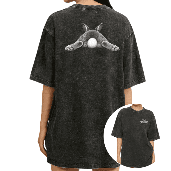 Women's "Bunny Butt" Fluffy Rabbit Tail Graphic Comfortable Washed T Shirt Cute Bunny Vintage Black S-2XL Plus Size