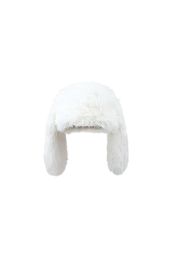 Women's Bunny Ear Flap Hat, Cute Rabbit Knit Beanie with Pom Pom Tail, Warm and Trendy Winter Fashion Hat. White 1PC