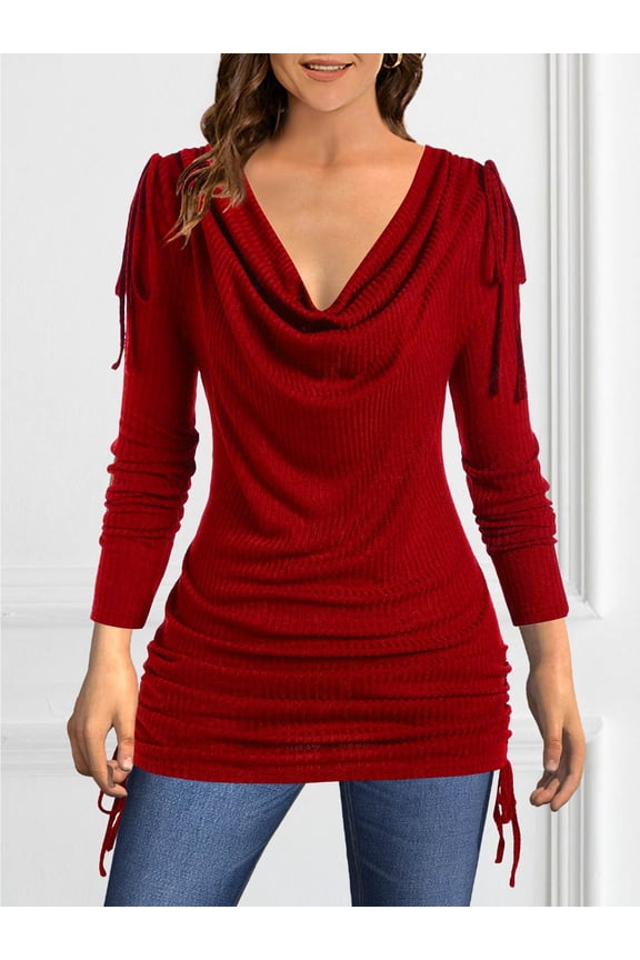 Women's Burgundy Cowl Neck Ruched Side Tunic Top, Long Sleeve Adjustable Drawstring Soft Knit Blouse