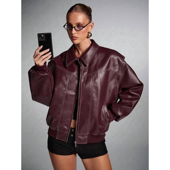 Women's Burgundy Faux Leather Jacket, Loose Fit Zip-Up Long Sleeve Collared Casual Jacket for Fall