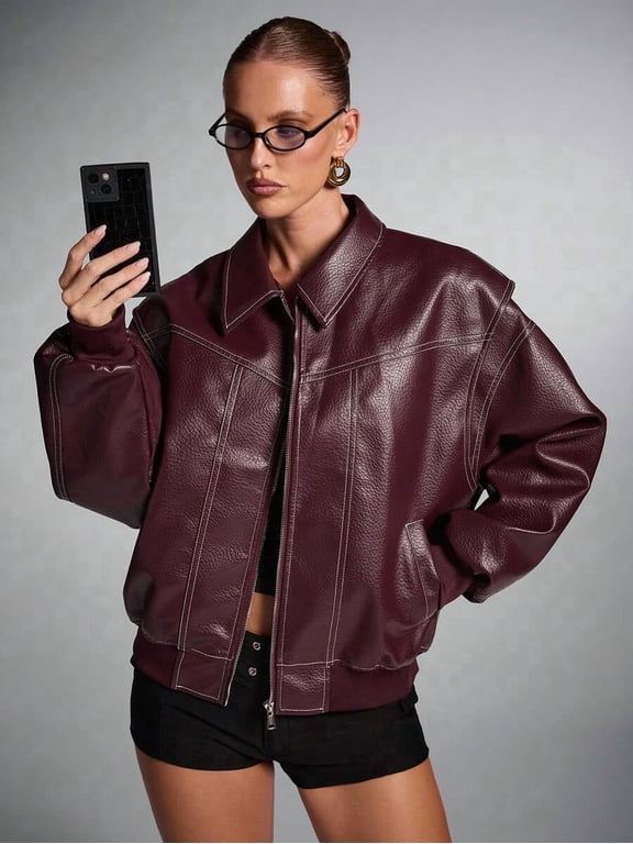 Women's Burgundy Faux Leather Jacket, Loose Fit Zip-Up Long Sleeve Collared Casual Jacket for Fall