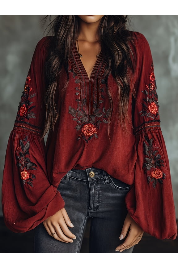 Women's Burgundy Floral Embroidered Bell Sleeve Blouse, V-Neck Loose Fit Boho Tunic Top for Festival & Casual Wear