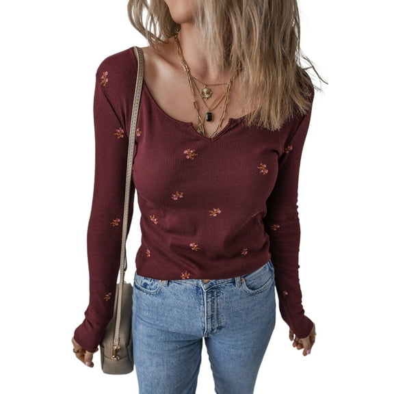 Women's Burgundy Floral Print Ribbed Long Sleeve Top with Notched Neck - [ZhiHiMeRi] | L