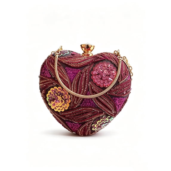 Women’s Burgundy Heart Shaped Clutch Purse, Sequin Beaded Evening Handbag with Chain Strap