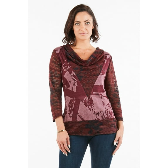Women's Burgundy Patchwork Long Sleeves Cowl Neck Tunic Top