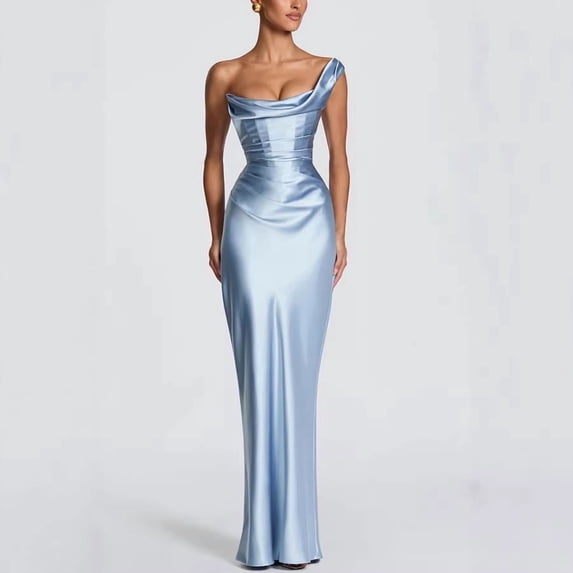 Women's Burgundy Satin Off‑Shoulder Maxi Dress Draped Cowl Neck Bodycon Mermaid Formal Evening Bridesmaid Gown
