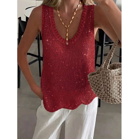 Women's Burgundy Sparkly Sheer Knit Tank Top Asymmetrical Hem Sleeveless Casual Summer Camisole