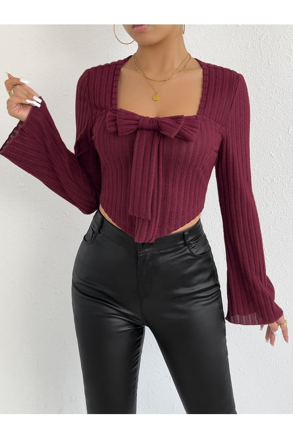 Women's Burgundy Square Neck Bow Tie Flare Sleeve Crop Top Ribbed Knit Bow Neck Long Sleeve Blouse