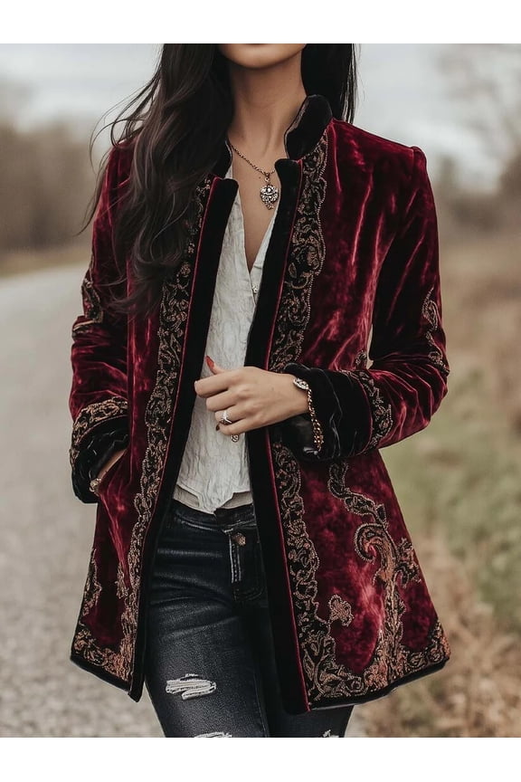 Women's Burgundy Velvet Baroque Embroidered Long Coat, Vintage Elegant High‑End Outerwear