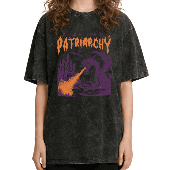 Women's "Burn The Patriarchy" Feminist Dragon Meme Graphic Casual Washed T Shirt Witchy Gothic Black S-2XL Plus Size