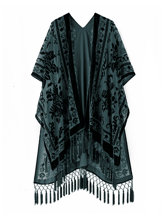 Women's Bohemian Burnout Velvet Floral Tassel Kimono Beach Cover Up Shawl, Dark Green Floral