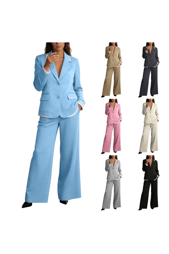 Women’s Business 2 Piece Suit Set Contrast Piping Trim Long Sleeve Lapel Blazer and High Waist Loose Wide Leg Trousers for Work and Daily Wear S-3XL Sky Blue