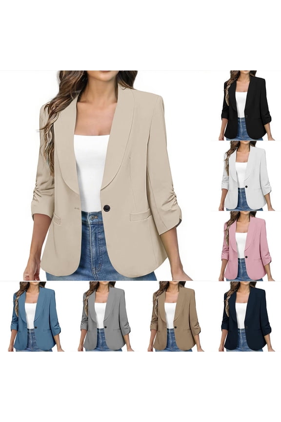 Women's Business Casual Blazer 3/4 Sleeve Lapel Open Front Suit Jacket with Pockets Work Office Professional Solid Blazer for Women | CSEONE,Beige L