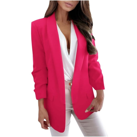 Women's Business Casual Blazer Lapel Long Sleeve Suit Jacket Pockets Solid Dressy Elegant Open Front Cardigan Coat (XX-Large, Hot Pink)