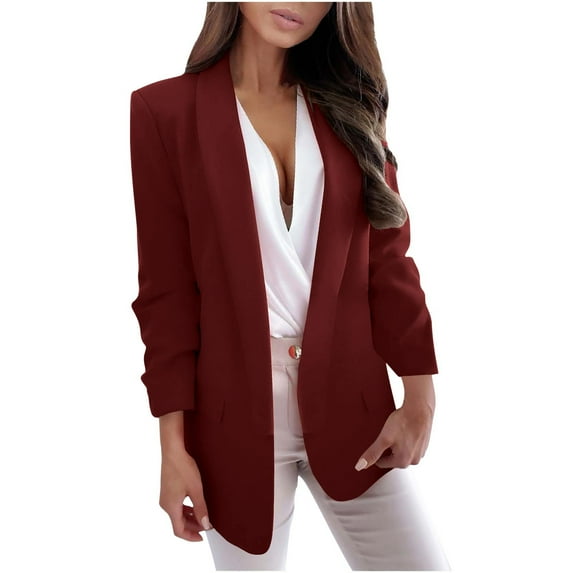 Women's Business Casual Blazer Lapel Long Sleeve Suit Jacket Pockets Solid Dressy Elegant Open Front Cardigan Coat (XX-Large, Wine)