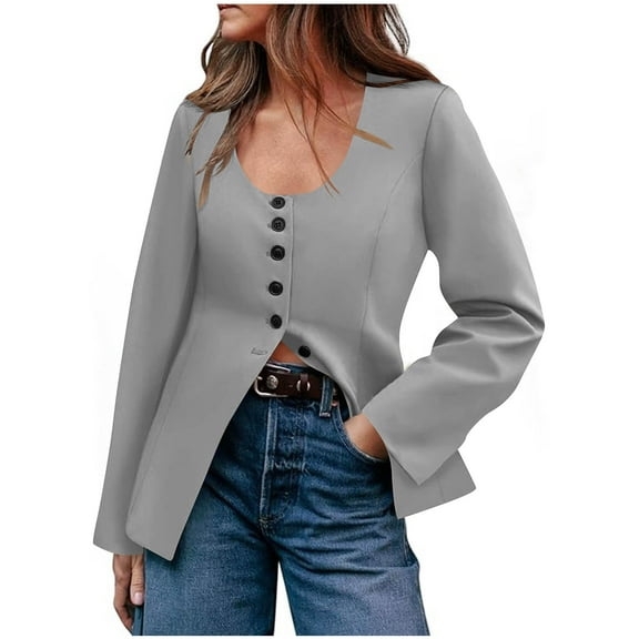 Women's Business Casual Blazer Scoop Neck Slim Fit Office Jacket Long Sleeve Split Hem Workwear Essential Modern Tailored Suit Alternative Professional Style