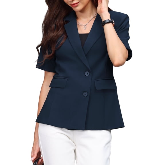 Women's Business Casual Blazer Short Sleeve Lapel Collar Summer Suit Jackets Work Blazers M Navy Blue
