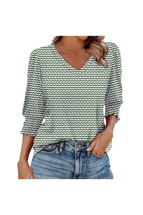 Women's Business Casual Blouses Elegant Tailored Fit 3/4 Sleeve Blouse Fashion Print Minimalist V Neck Shirt Business Dressy Work Blouses with Smocked Womens Work Shirts Light Green XXL