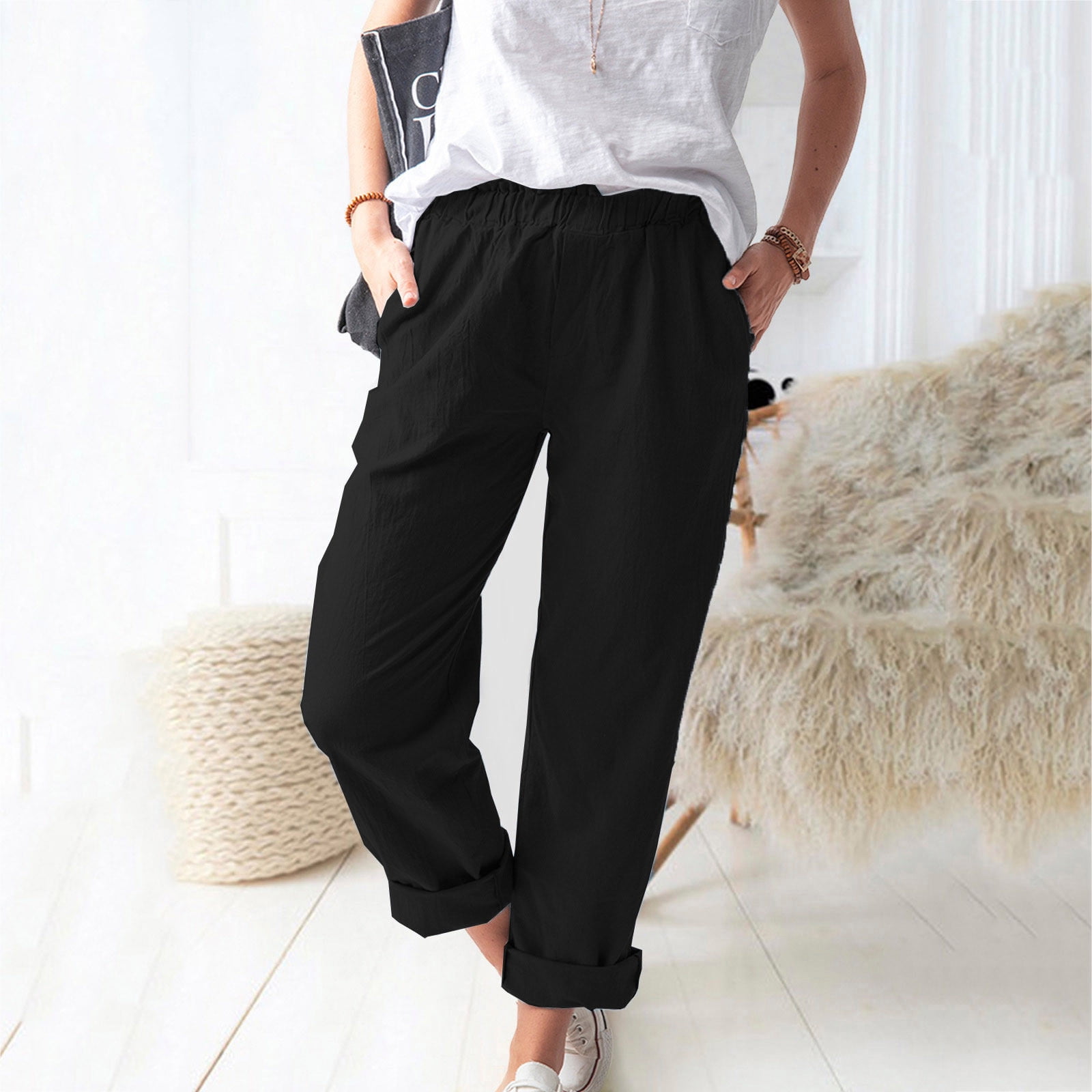 Women s Business Casual Cuffed Pants Comfy Cotton Linen High Waisted Solid Color Pants Loose Fit Trousers with Pockets Army Green