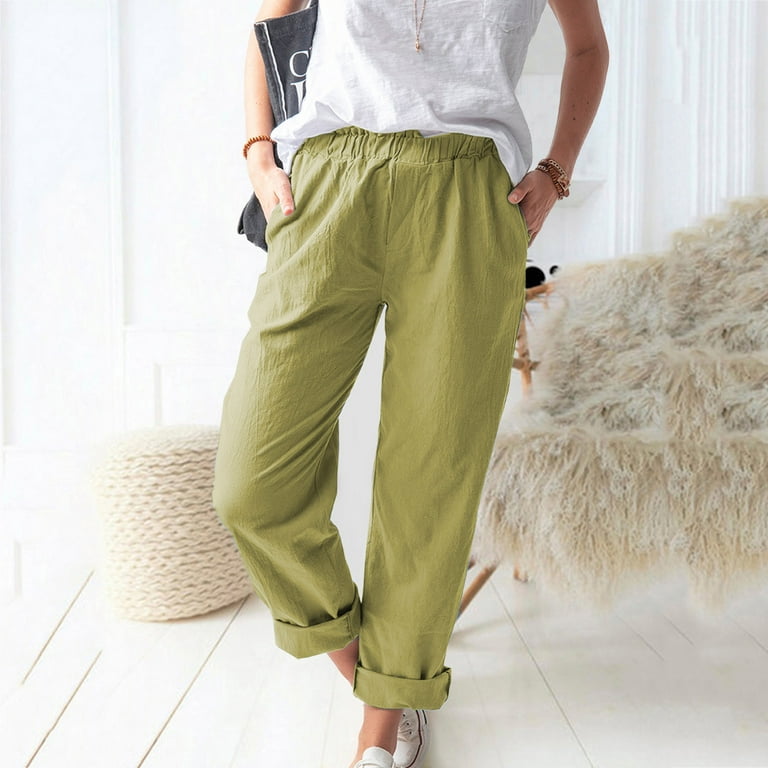 Women's Business Casual Cuffed Pants Comfy Cotton Linen High Waisted Solid  Color Pants Loose Fit Trousers with Pockets Army Green