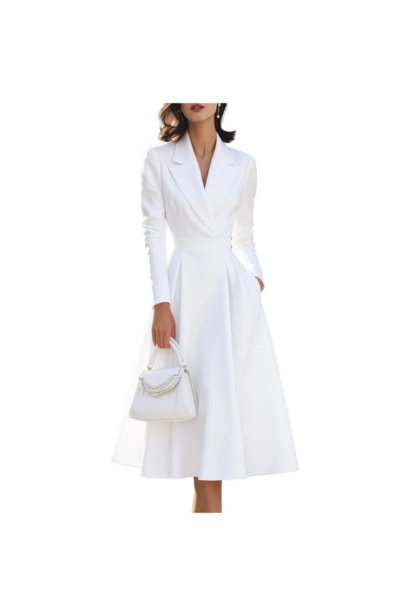 Women's Business Casual Dress, V-Neck with Defined Waist & Swing Skirt, Polished Dress for Office, Networking Events & Professional Settings White 2XL
