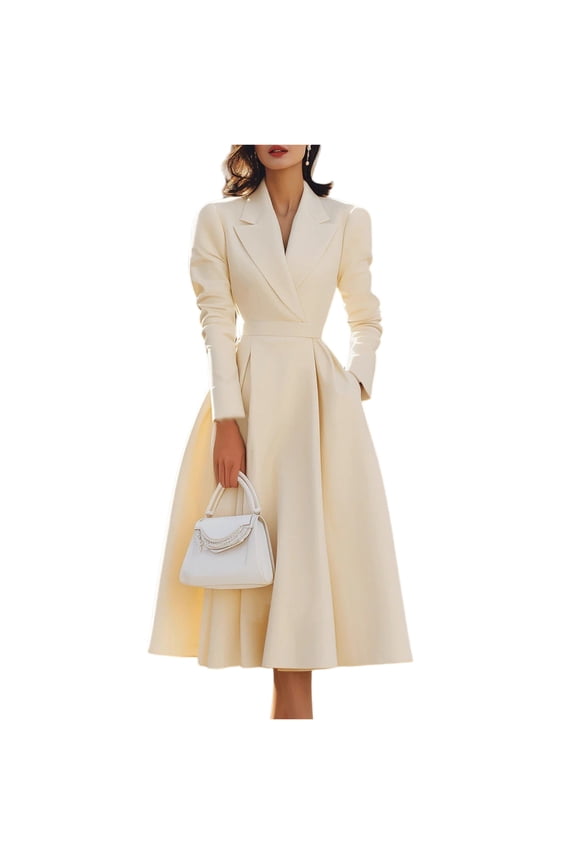 Women's Business Casual Dress, V-Neck with Defined Waist & Swing Skirt, Polished Dress for Office, Networking Events & Professional Settings Beige XL