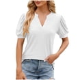 thumbnail image 1 of Women's Business Casual Dressy Tops Summer Short Sleeve Tunics Notch V Neck Hollow out Pullover Office Work Shirts, White, XL, 1 of 4