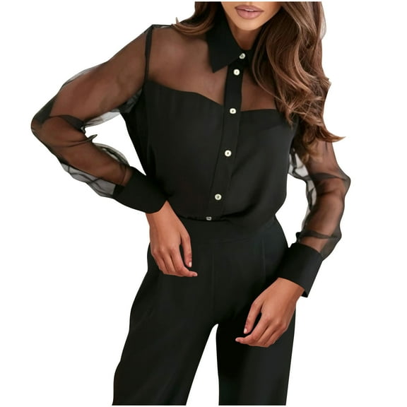 Women's Business Casual Tops Sexy Mesh Splicing Long Sleeve Button Down Shirts Point Collar Blouses