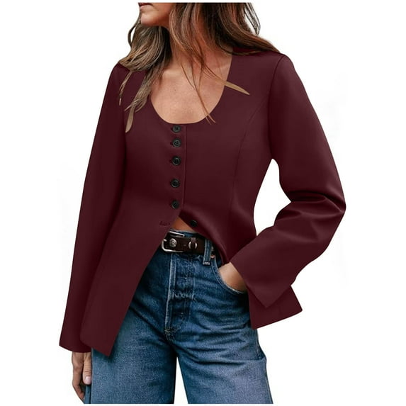 Women's Business Casual Work Blazers Long Sleeve Button Down Scoop Neck Split Hem Fitted Suit Jackets