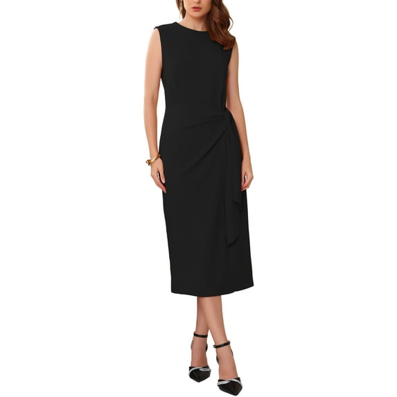INSPIRE CHIC Women's Business Cocktail Dress 2025 Front Tie Wrap Formal Elegant Sleeveless Sheath Dresses S Black
