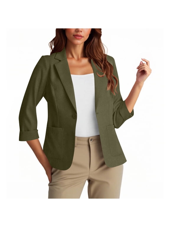 Women's Business Jacket 3/4 Sleeve Button Up Blazer Casual Lepal Collar Suit Coats for Work Olive Green 2XL