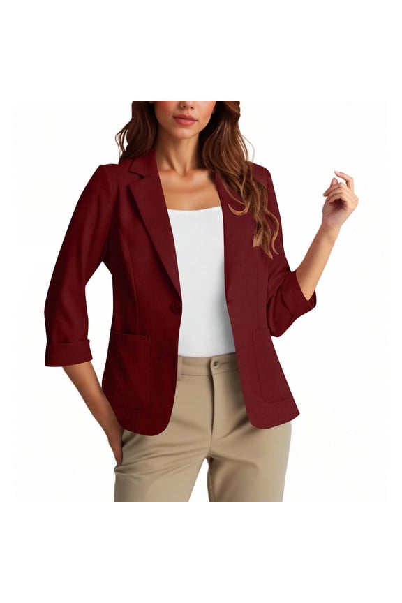Women's Business Jacket 3/4 Sleeve Button Up Blazer Casual Lepal Collar Suit Coats for Work Wine S
