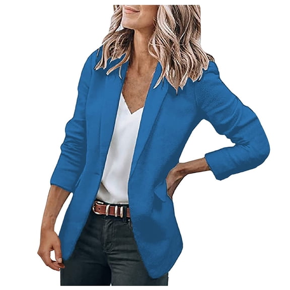 Women's Business & Leisure Cardigan Collar Jacket - Long-Sleeve Solid Color Single Button Blouse, Blue, M