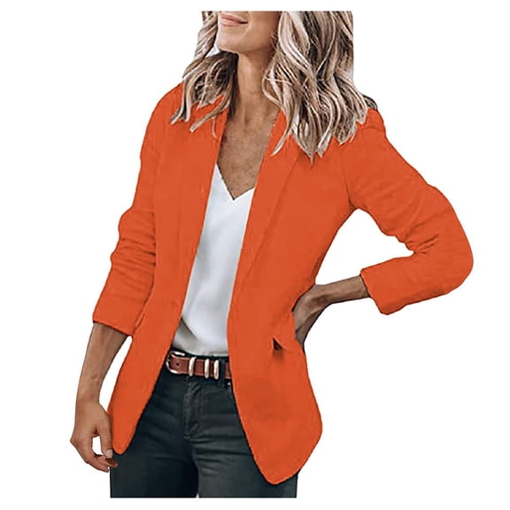Women's Business & Leisure Cardigan Collar Jacket - Long-Sleeve Solid Color Single Button Blouse, Orange, L