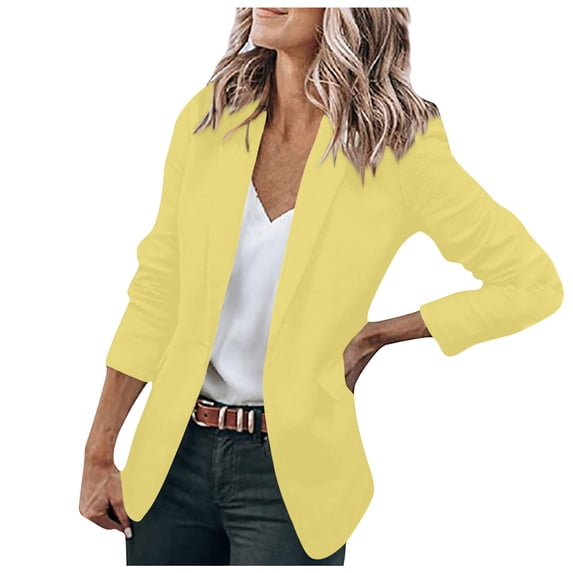 Women's Business & Leisure Cardigan Collar Jacket - Long-Sleeve Solid Color Single Button Blouse, Yellow, XL