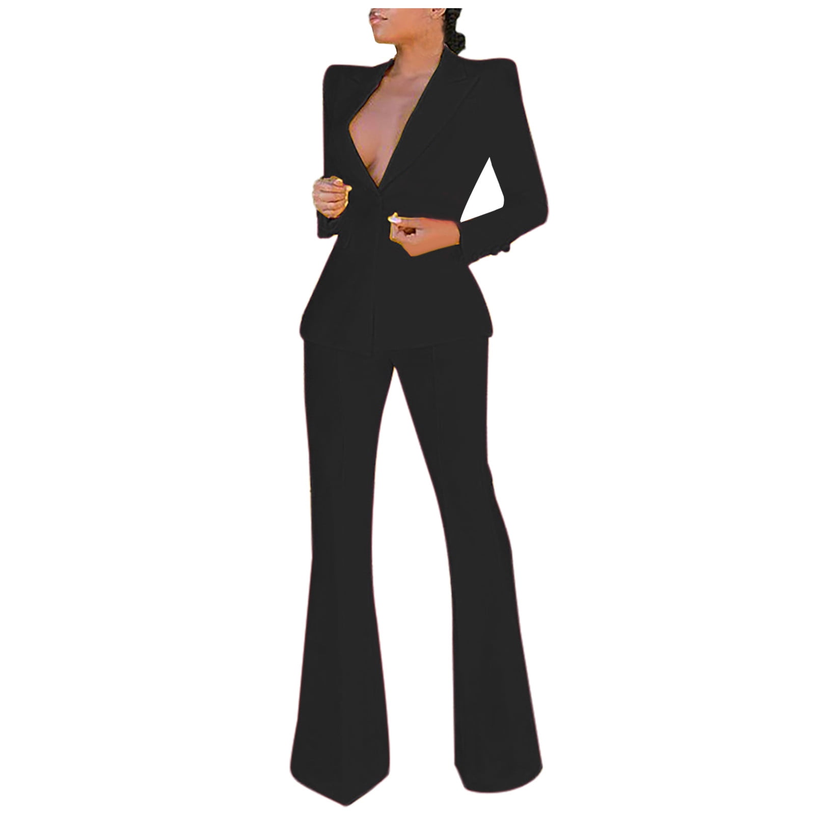 Women s Business Suit 2 Piece Long Sleeve Blazer Jackets Outfits with Loose Bootcut Flare Long Pants Suit Set for Work