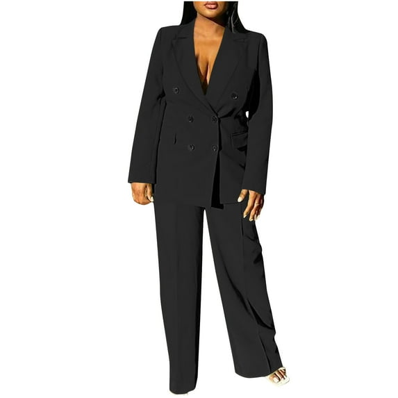 Women's Business Suit Formal Long Sleeve Double Breasted Solid Color Blazer Trousers Sets Lapel Coat and Long Pants Set (Black XL)
