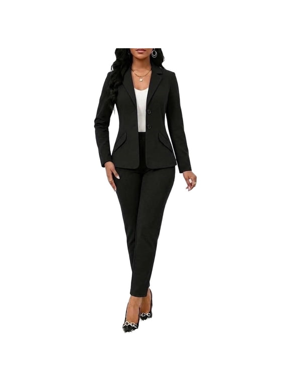 Women's Business Work Pant Suit 2 Piece Professional Office Outfits Long Sleeve Blazer Jacket with Flap Pockets and Slimming Trouser Set