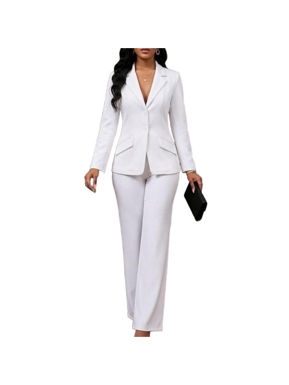 Women's Business Work Pant Suit 2 Piece Professional Office Outfits Long Sleeve Blazer Jacket with Flap Pockets and Slimming Trouser Set