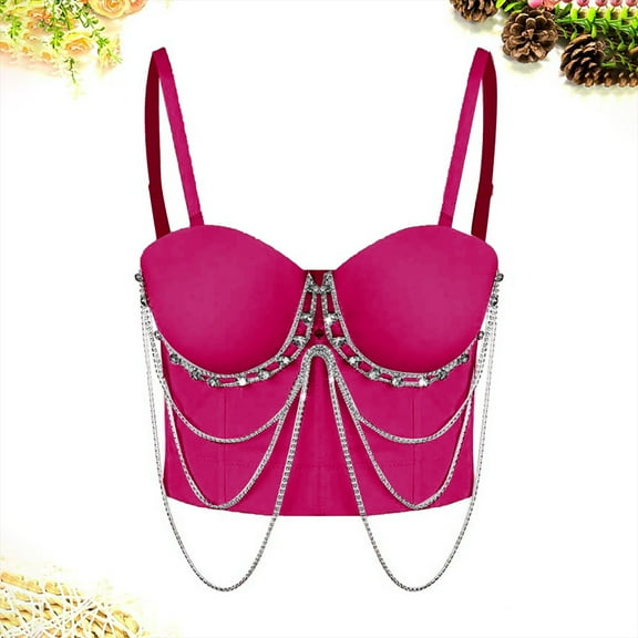 Women’s Bustier Corset Crop Top Bra With Straps Fashionable Party Clubwear Bra Slim Vest Costume Hot Pink XXL