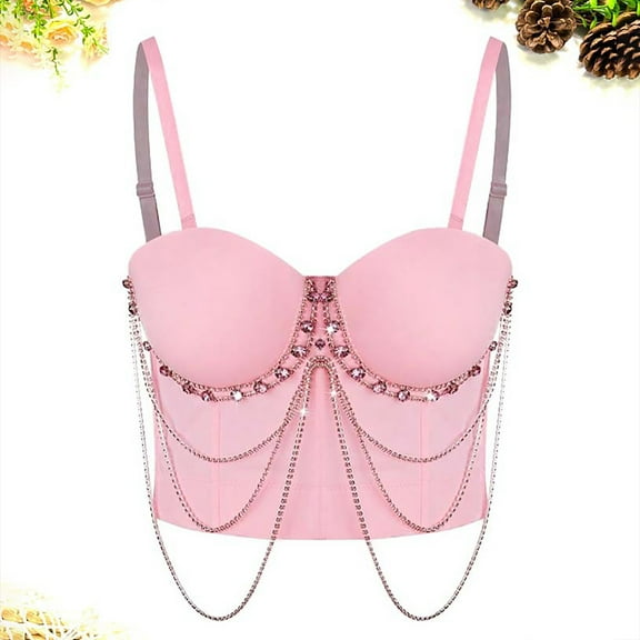 Women’s Bustier Corset Crop Top Bra With Straps Fashionable Party Clubwear Bra Slim Vest Costume Pink M